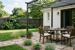 Example of a simple stamped-pattern concrete patio, designed for local weather and climate, ideal for outdoor living in a nice backyard space.