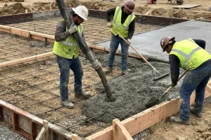 Construction workers pour concrete over a steel reinforcement grid inside wooden foundation forms, using a concrete pump and hand tools to spread the material.