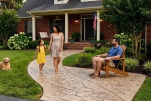Decorative stamped concrete walkway leading to a landscaped front yard and residential home